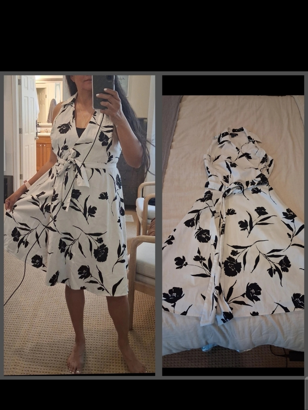 Chaps White Midi Dress with Black Floral Print Women Size 10